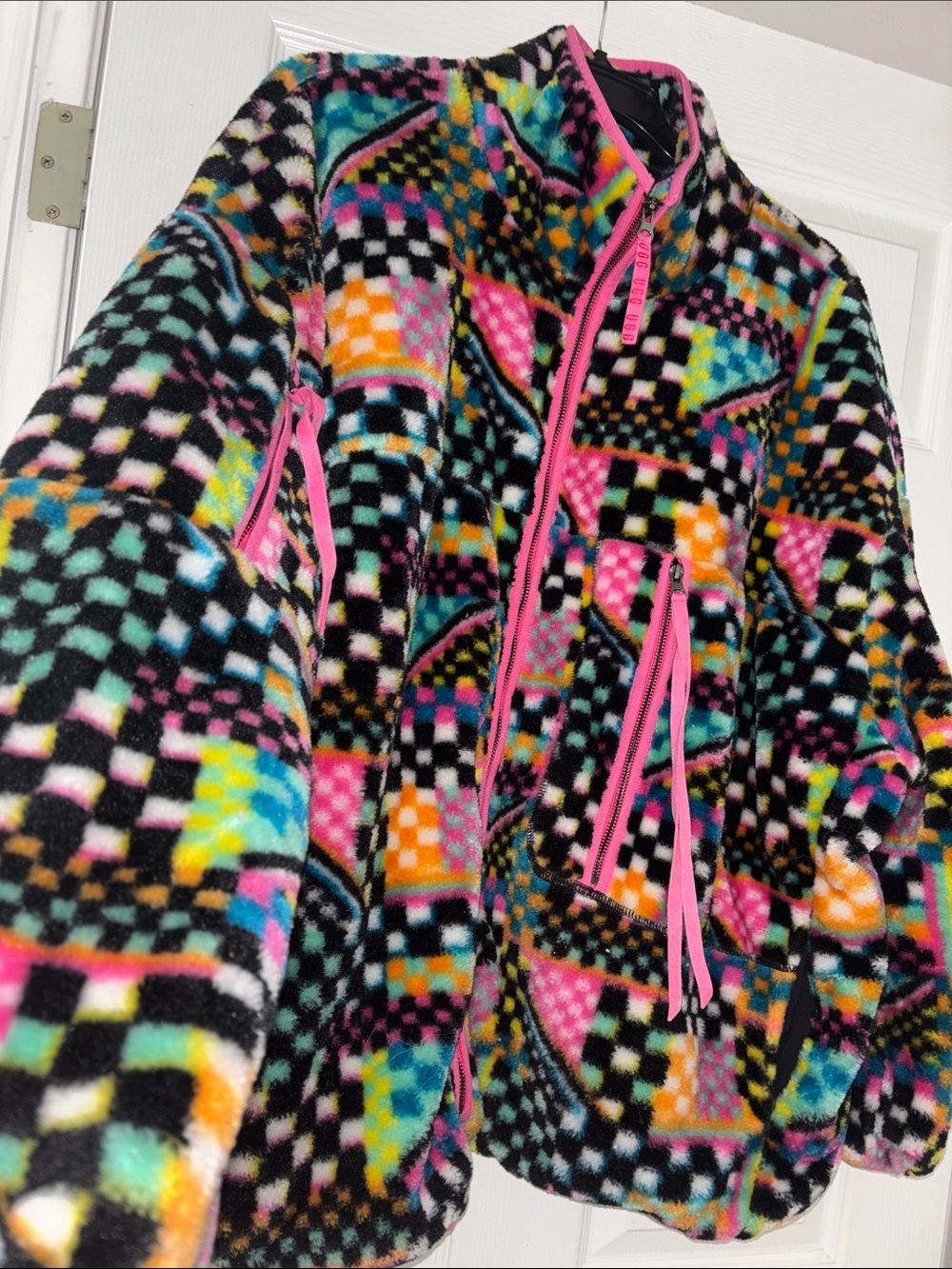 UGG Marlene Faux Fur & Sherpa Full-Zip Jacket – 3X – Neon Geometric Cozy Luxe ✨
